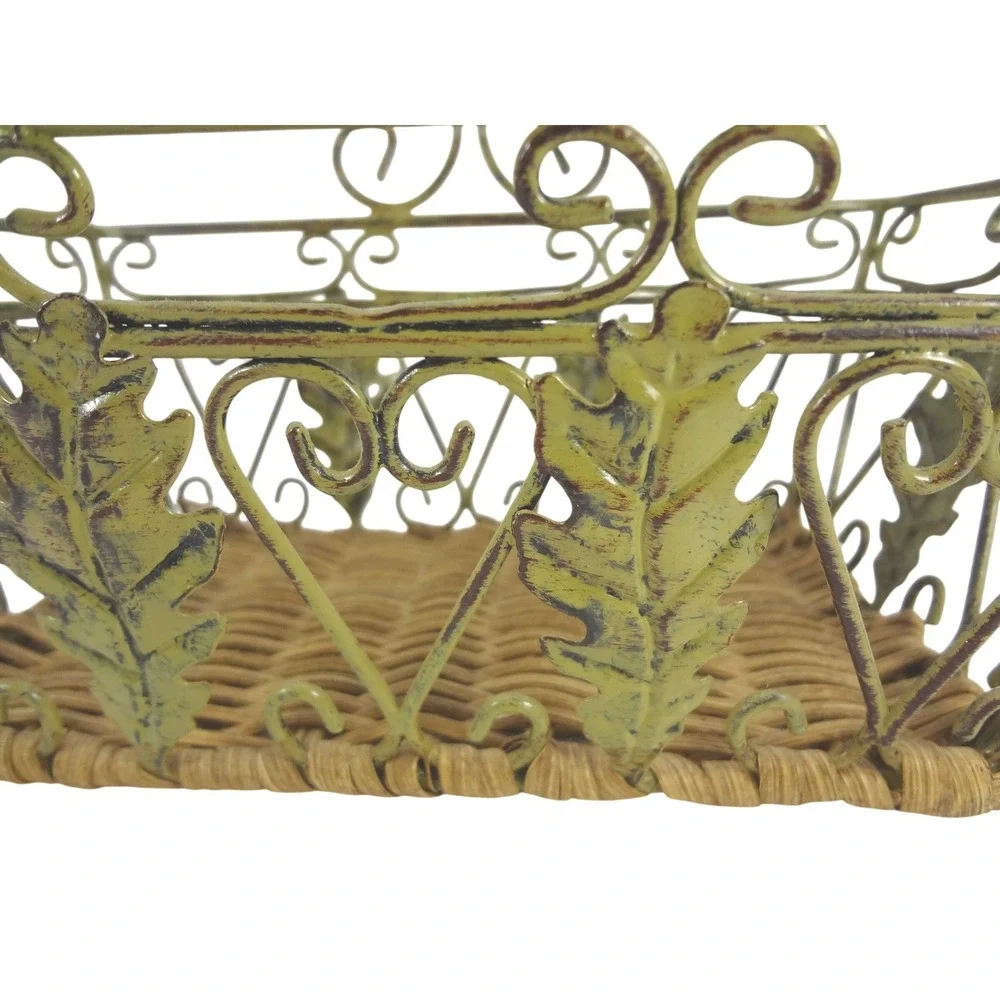 Vintage Style Green Metal Wire Basket‎ with Woven Wicker Base Leaf Scroll